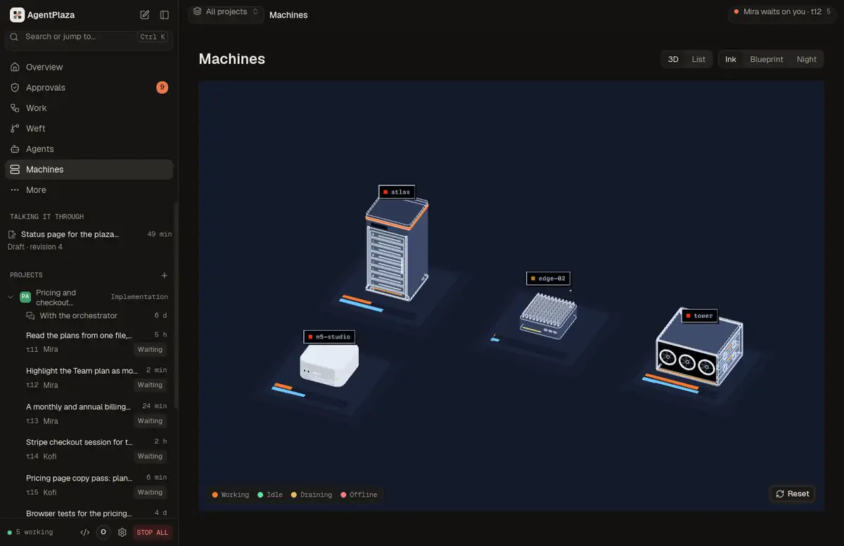 Machines in the desktop app: The fleet in Ink, Blueprint and Night, a machine's card, an orbit.