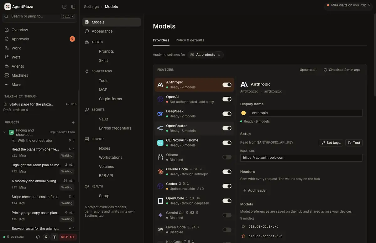 Models in the desktop app: Providers and coding engines side by side, with their health, versions and models.