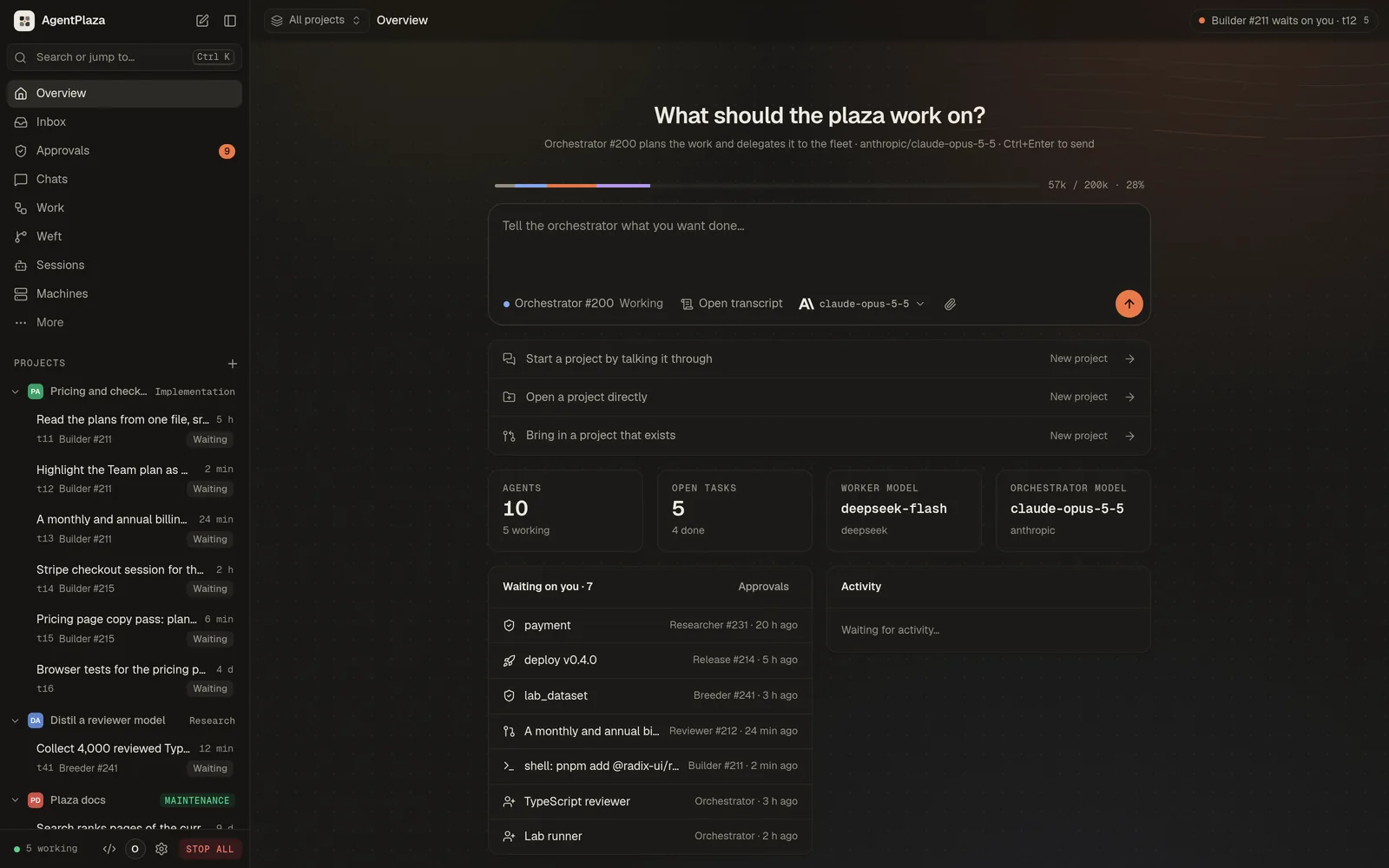 What should the plaza work on?: The overview: the orchestrator's composer, its context, what waits on you.